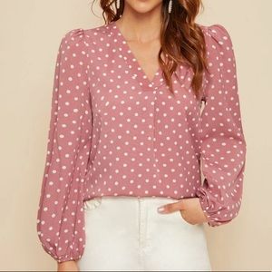 Pink V-neck Polka Dot Lantern Sleeve Top Large